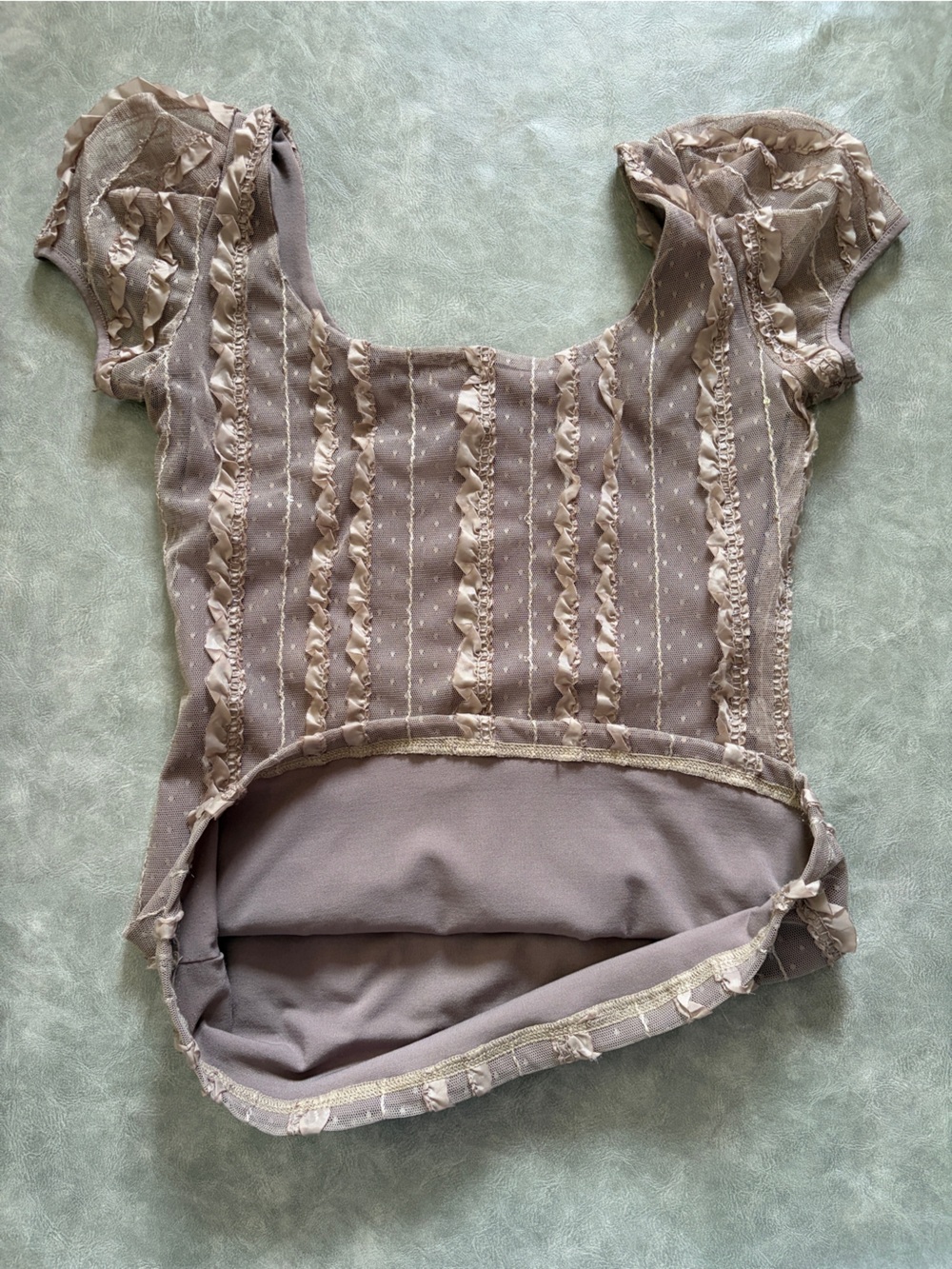 Y2K Light Brown Fairycore Puff Sleeve Swiss Dot Ruffle Lace Top - Picture 11 of 11